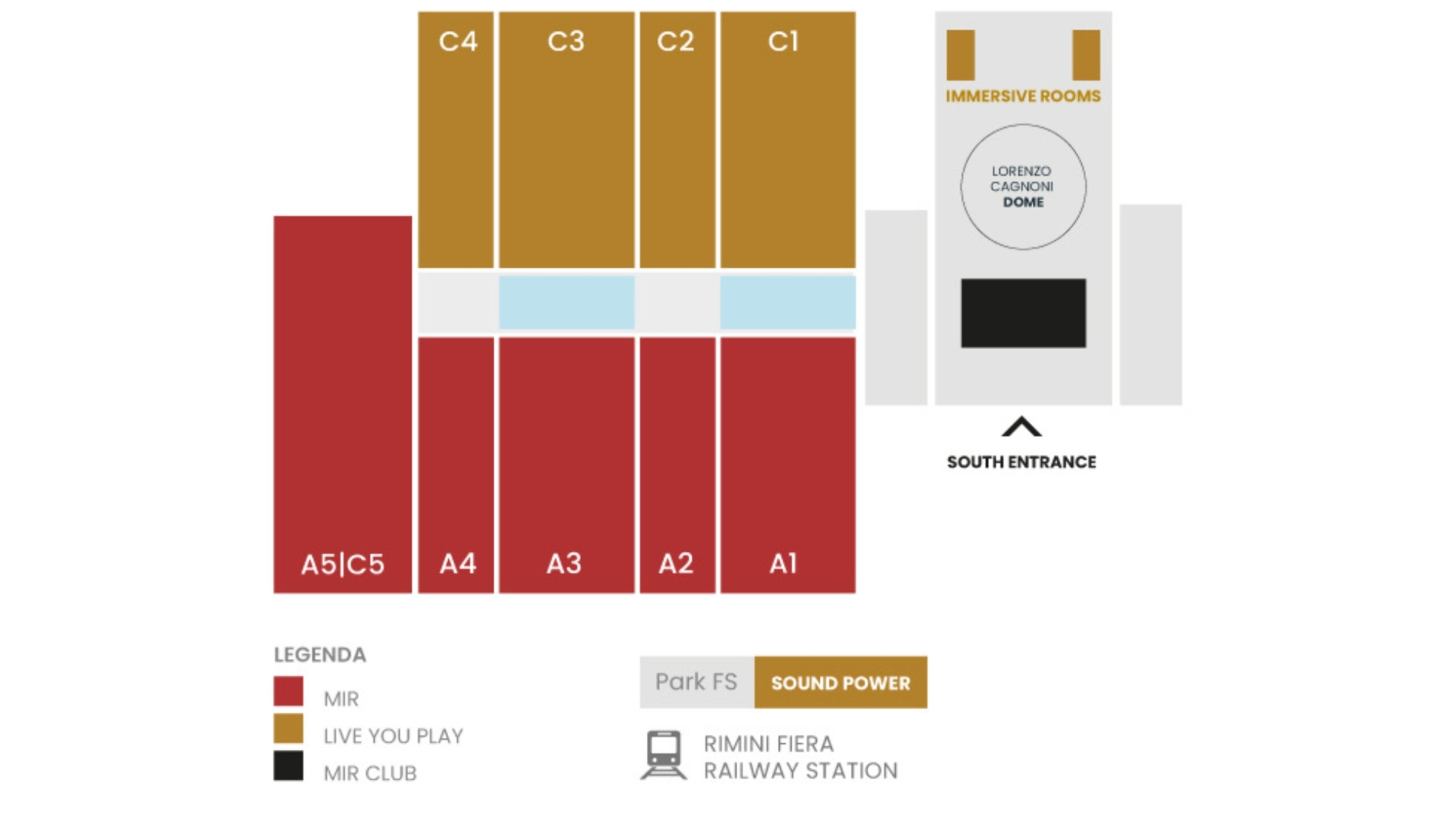 Layout padiglioni MIR 2026 Mappa layout padiglioni MIR 2026 con ingressi, aree espositive e zone immersive