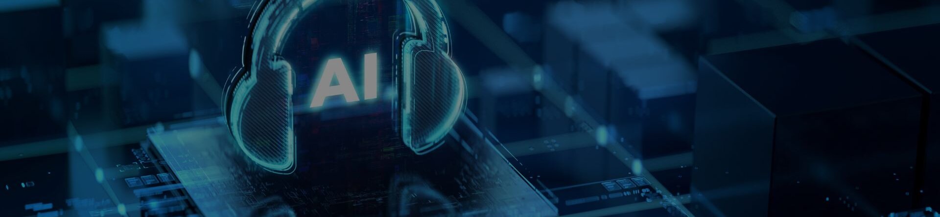 Illustrazione dell’intelligenza artificiale applicata all’audio, con cuffie digitali su un circuito tecnologico